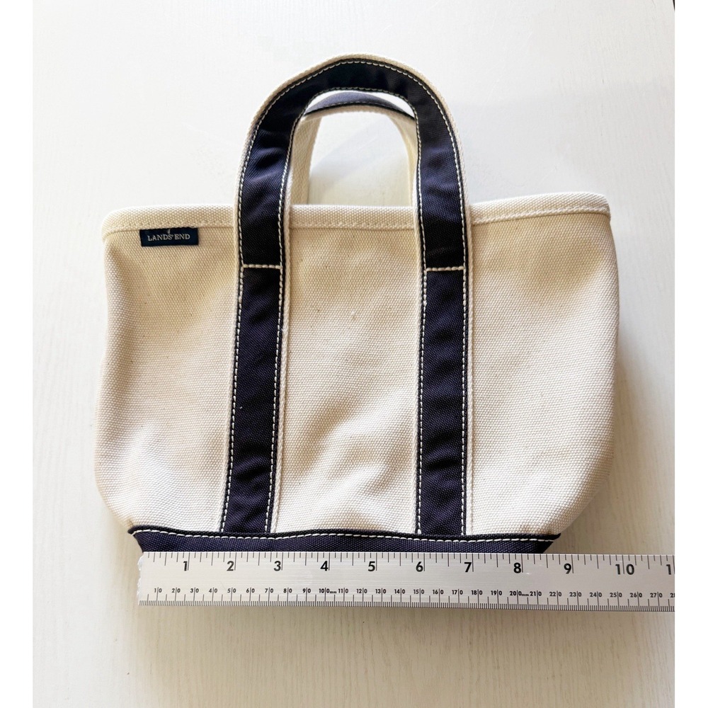 Land's End Small Canvas Tote Bag. White With Blue Stripes. 9" Tall. - Picture 4 of 11